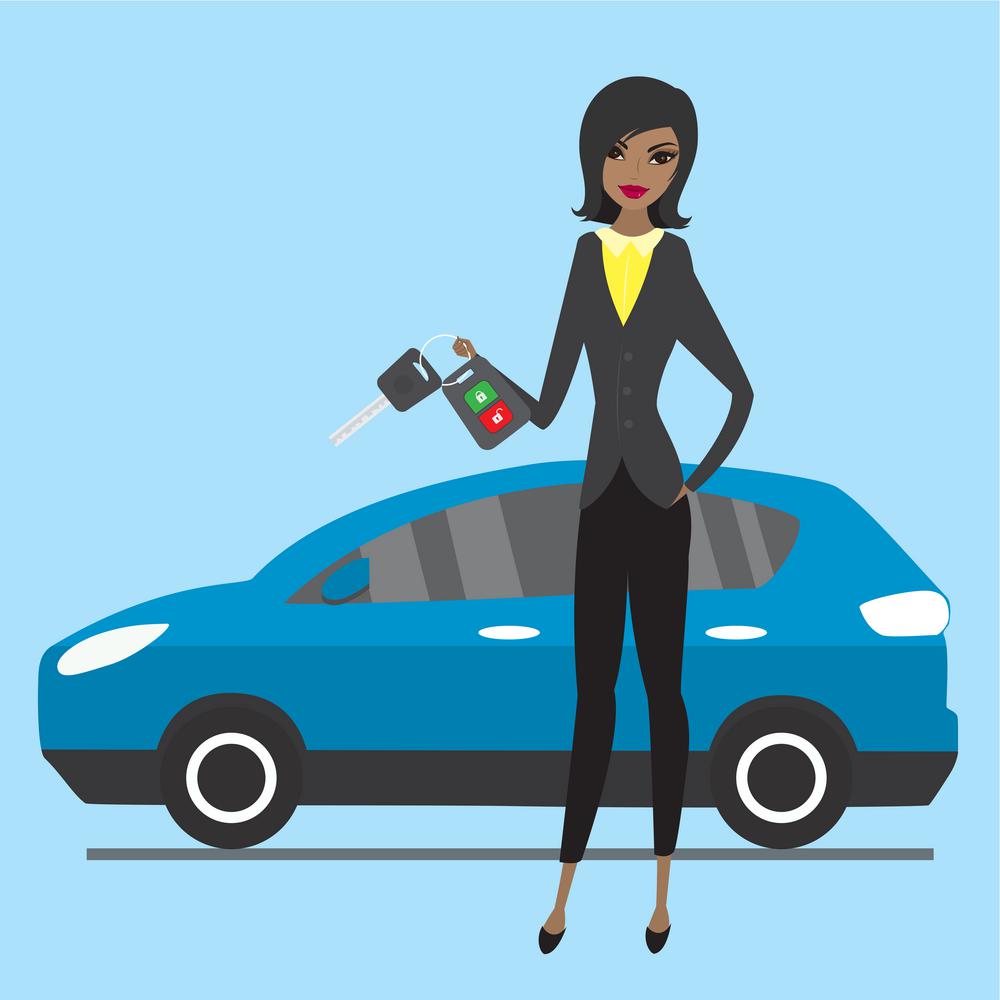 Happy african american or latin businesswoman with keys. Modern car on background. Driver hold key. Vector illustration