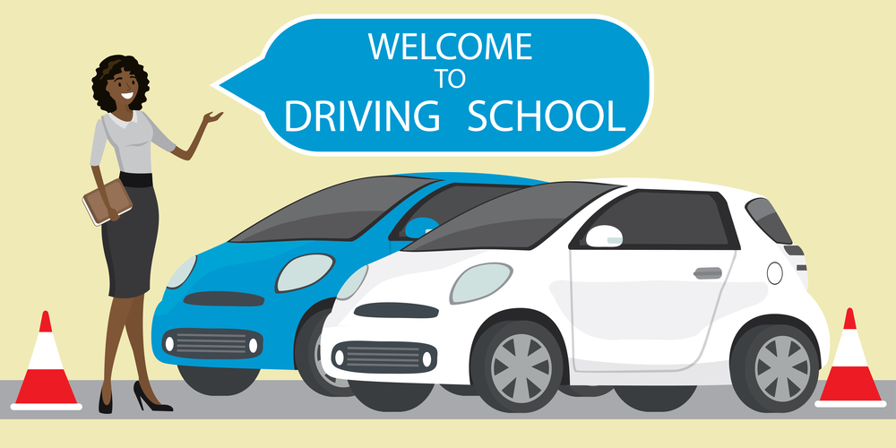 White and blue driving school car,African american female instructor with speech bubble- welcome to driving school,flat style vector illustration
