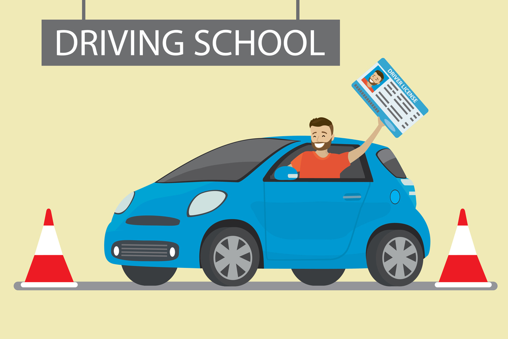 happy young caucasian man siting in blue driving school car outdoor.Male with driver license, Design concept drivers education,flat style vector illustration