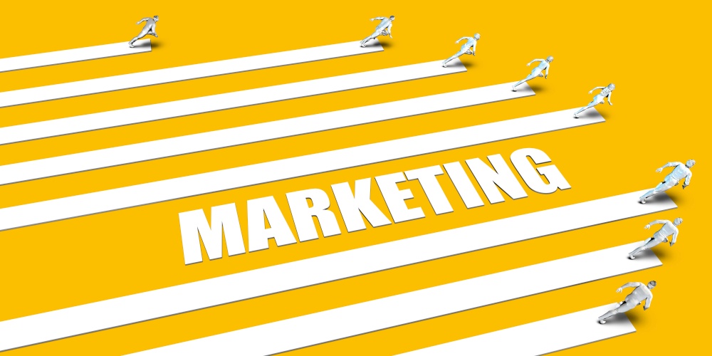 Marketing Concept with Business People Running on Yellow. Marketing Concept