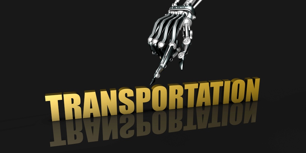 Transporation Industry with Robotic Hand Pointing on Black Background. Transporation Industry