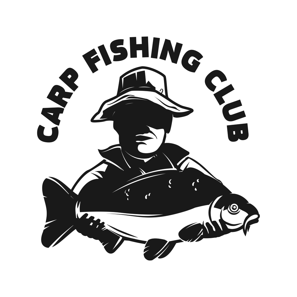 Carp fishing club. Emblem template with carp fish and fisherman. Design element for logo, label, sign, poster. Vector illustration