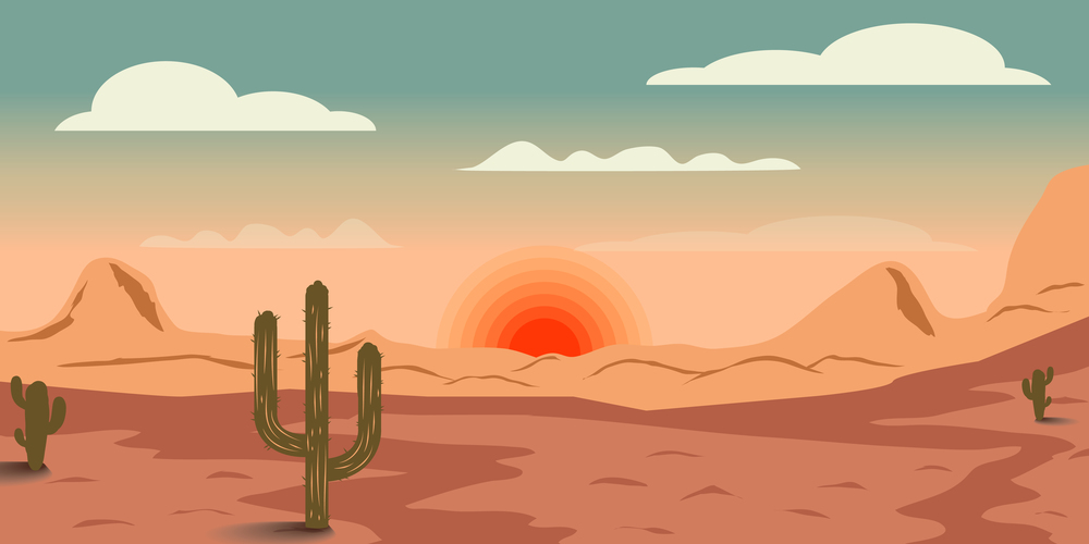 Desert landscape with cactuses and mountains in cartoon style. Design element for poster, card, banner, flyer. Vector illustration