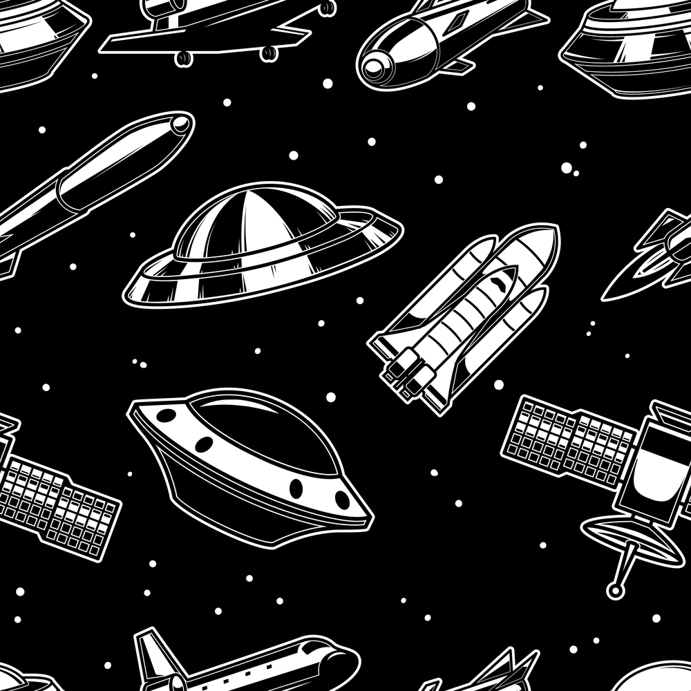 Seamless pattern with spaceship, spaceman, ufo. Design element for poster, card, banner, flyer. Vector illustration