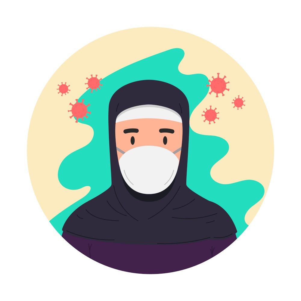 Illustration of arabian woman with antivirus medical masks. Coronavirus danger. Design element for poster, label, sign, emblem, infographic. Vector illustration
