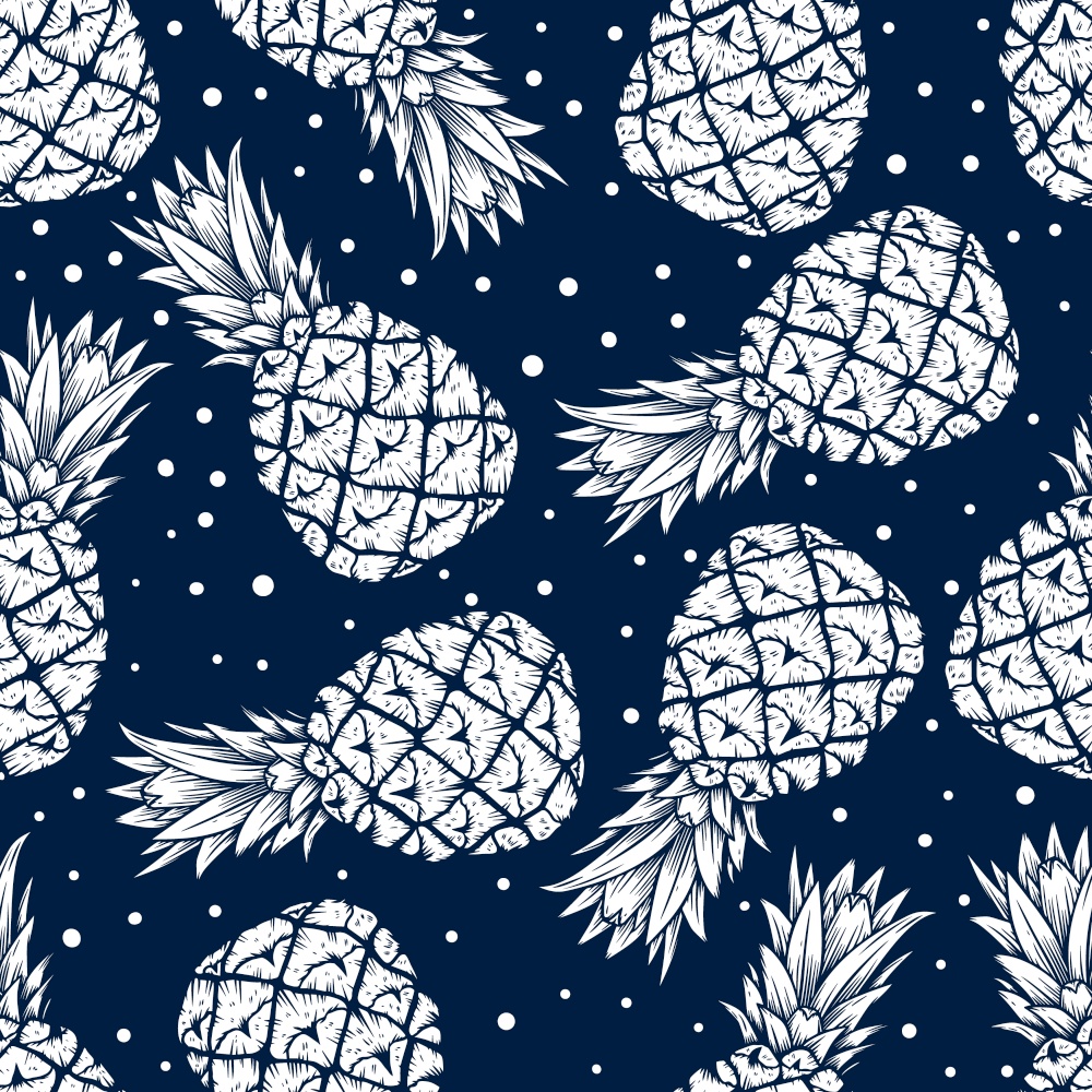 Seamless pattern with pineapples in engraving style. Design element for poster, card, banner, clothes. Vector illustration