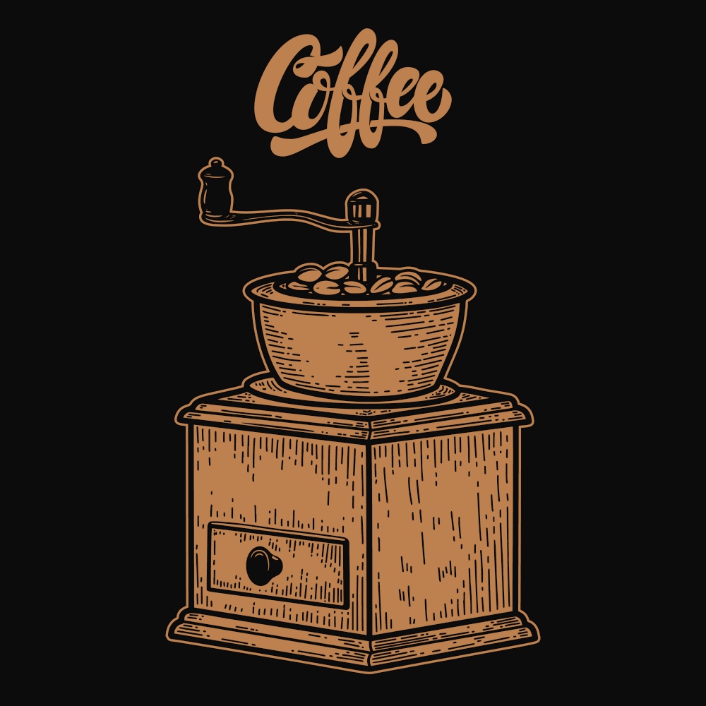 Illustration of coffee mill in engraving style. Design element for logo, label, emblem, sign. Vector illustration