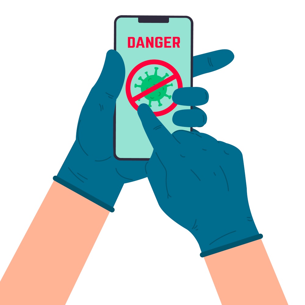 Human hand dressed in medical gloves with smartphone. Coronavirus danger. Virus threat alert on smartphone screen. Covid-19. Vector illustration