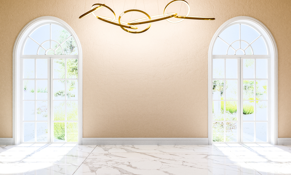 Interior of Modern Classic Style Empty Room with Marble Floor, Ceiling Lamp and Arch Door, 3D Rendering