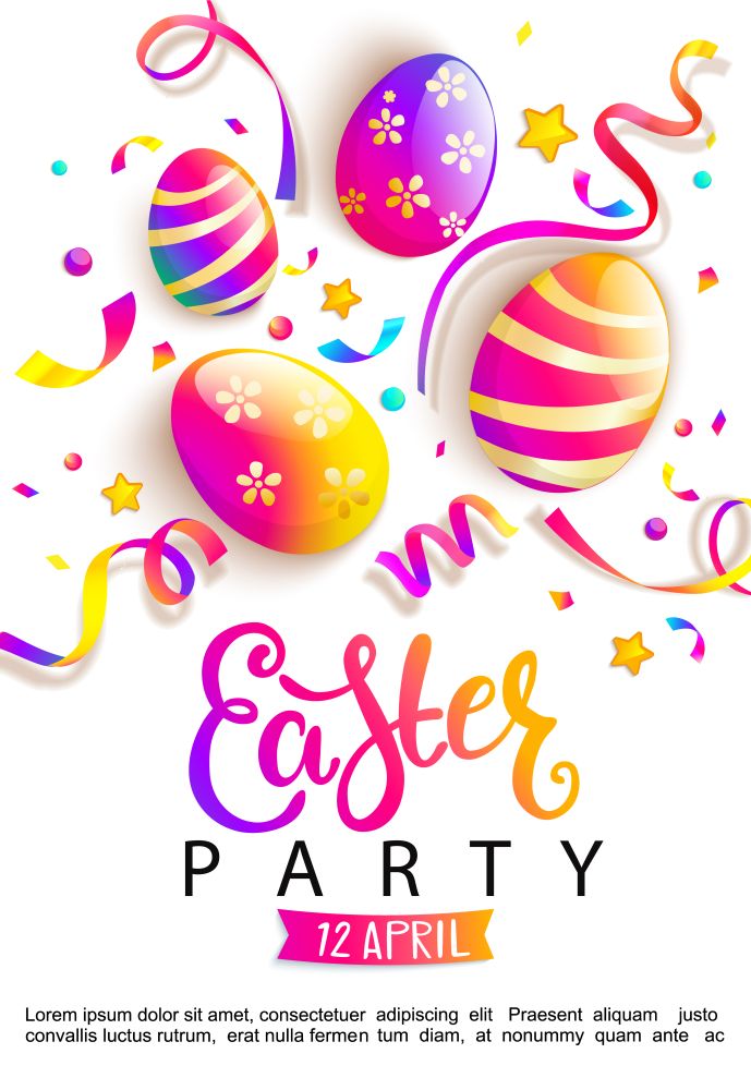 Easter party invitation card. Happy holiday with beautiful painted eggs, confetti. Great for greeting poster, ad, promotion, flyer, web-banner, article. Spring Celebration Design. Vector illustration.. Easter party invitation card.