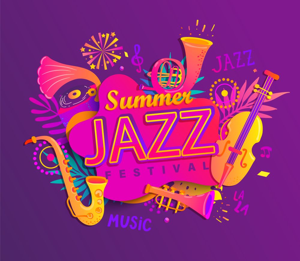 Poster for summer jazz musical festival with classic music instruments - cello, cornet, tuba, clarinet, saxophone on splash with tropical leaves. Vector illustration for music events, jazz concerts.. Summer jazz musical festival.