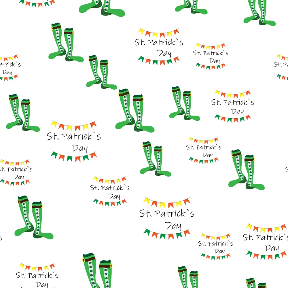 Vector seamless pattern of green socks with clover and lettering on a white background.  Stock Illustration for St. Patrick&rsquo;s Day. EPS 10 editable vector.. Vector seamless pattern of green socks with clover and lettering on a white background.  Stock Illustration for St. Patrick&rsquo;s Day.