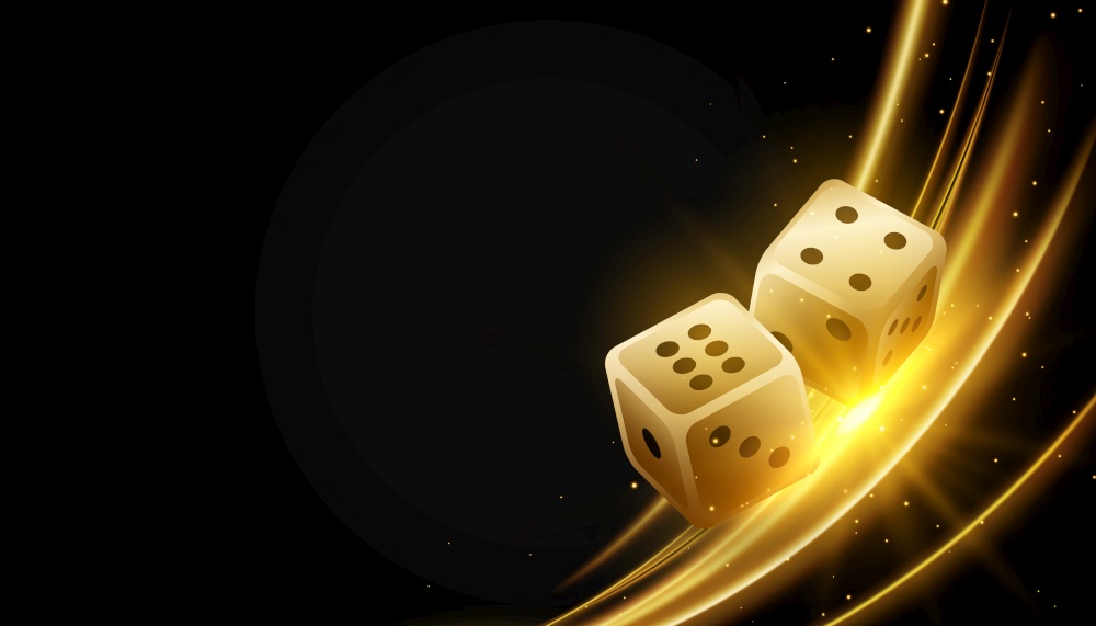 golden realistic dice and glowing lights background
