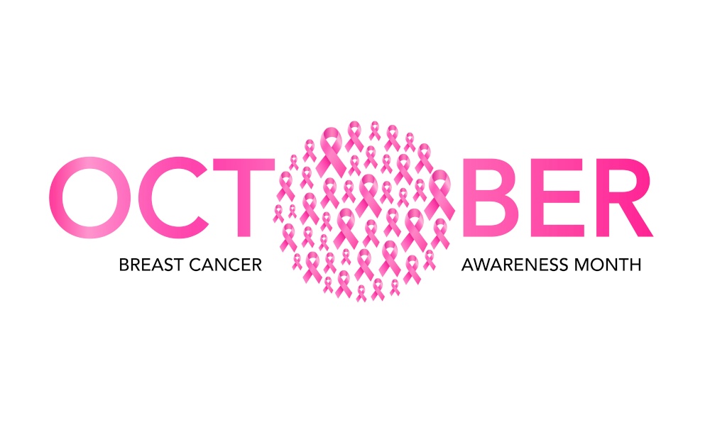 October breast cancer emblem sign for awareness month with pink ribbon symbol. Illustration.