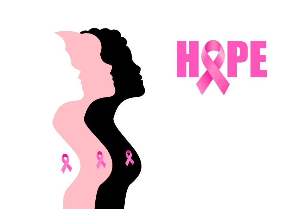 Pink ribbon symbol on woman breast. Breast Cancer Awareness Month Campaign. Design for poster, banner, t-shirt. Vector illustration