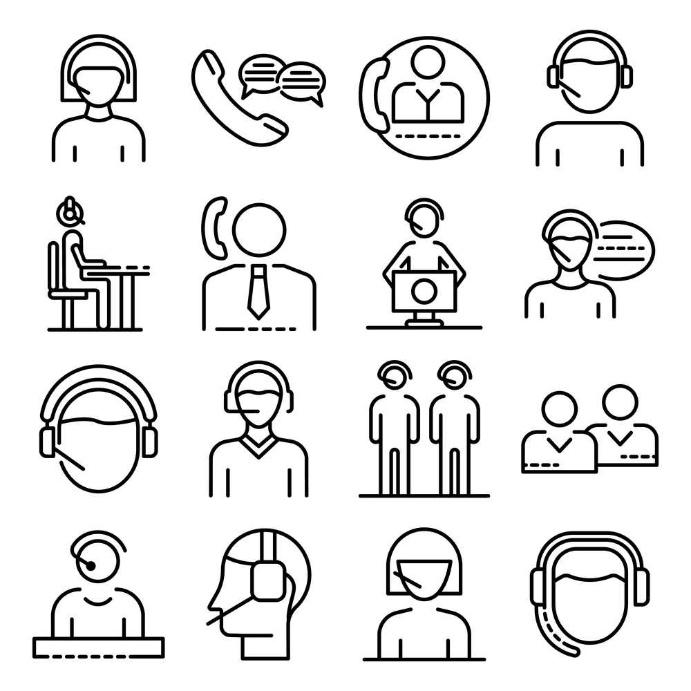 Call center employees icons set. Outline set of call center employees vector icons for web design isolated on white background. Call center employees icons set, outline style
