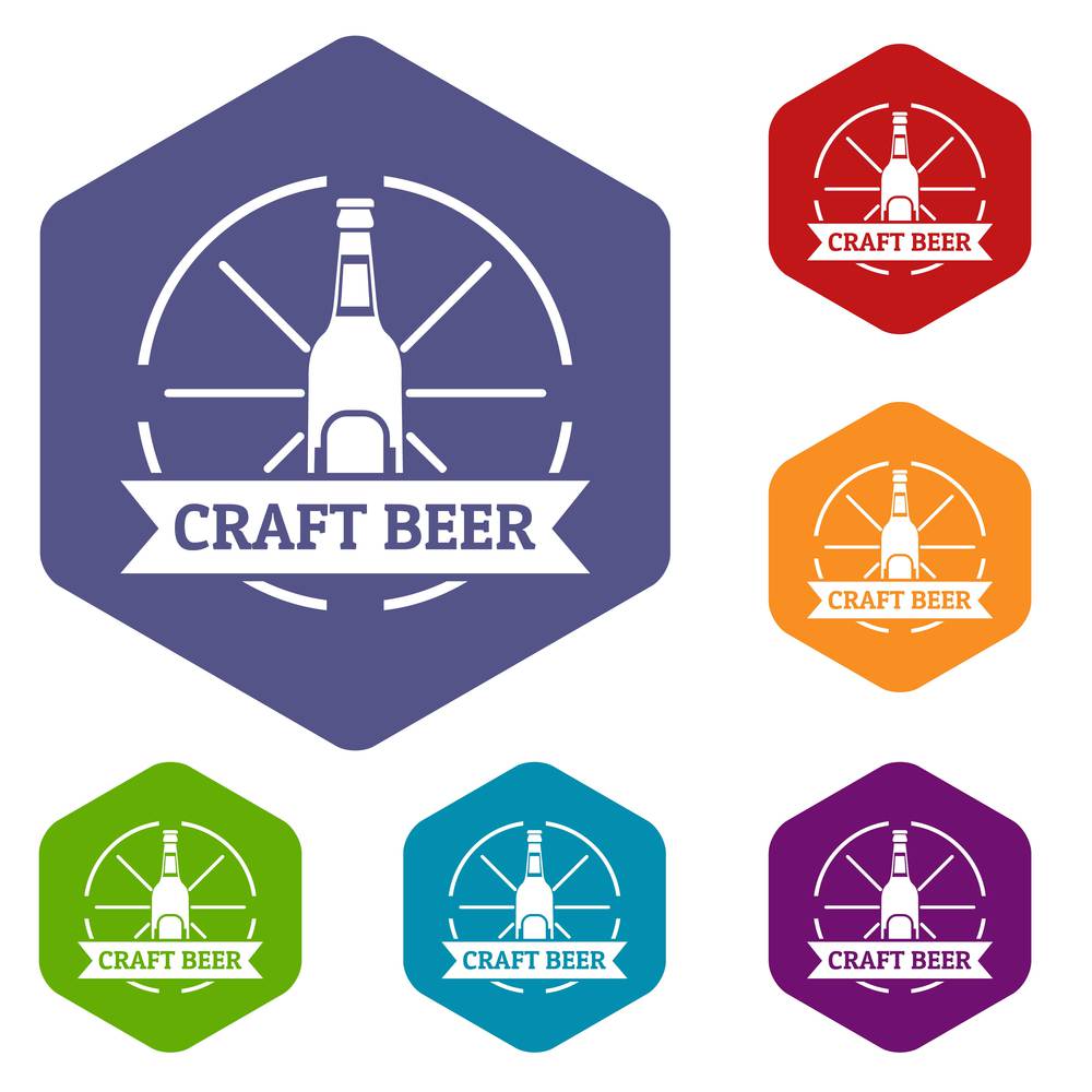 Craft beer icons vector colorful hexahedron set collection isolated on white . Craft beer icons vector hexahedron