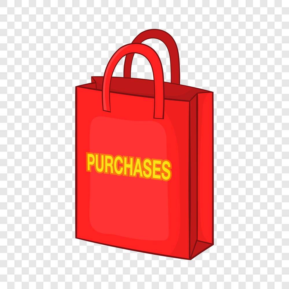 Red bag for shopping , with the inscription purchase icon in cartoon style on a background for any web design . Red bag for shopping icon, cartoon style