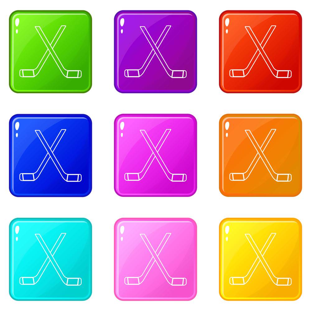Two crossed hockey sticks icons set 9 color collection isolated on white for any design. Two crossed hockey sticks icons set 9 color collection