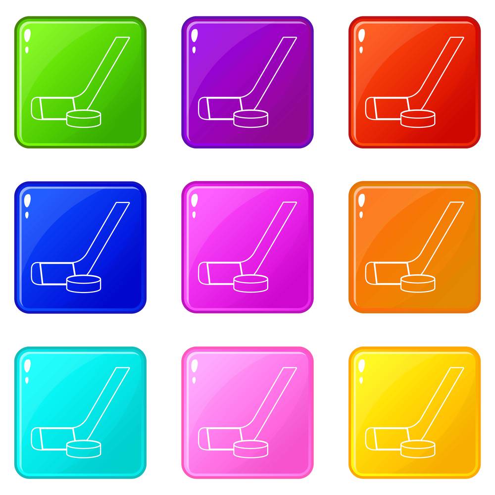 Stick washer ice hockey icons set 9 color collection isolated on white for any design. Stick washer ice hockey icons set 9 color collection