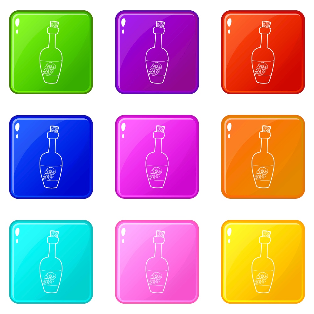 Wine bottle icons set 9 color collection isolated on white for any design. Wine bottle icons set 9 color collection