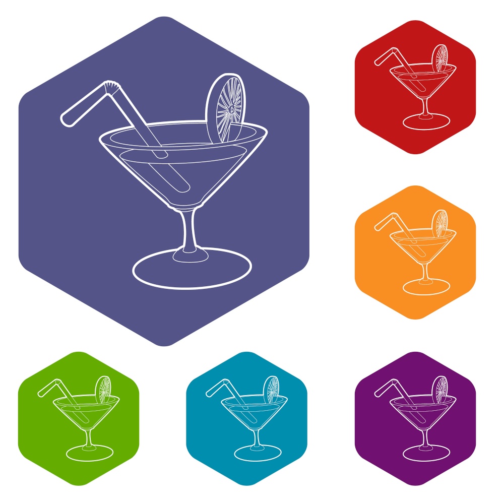 Cocktail icons vector colorful hexahedron set collection isolated on white. Cocktail icons vector hexahedron