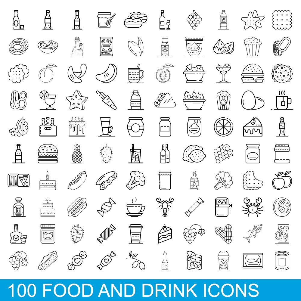 100 food and drink icons set. Outline illustration of 100 food and drink icons vector set isolated on white background. 100 food and drink icons set, outline style