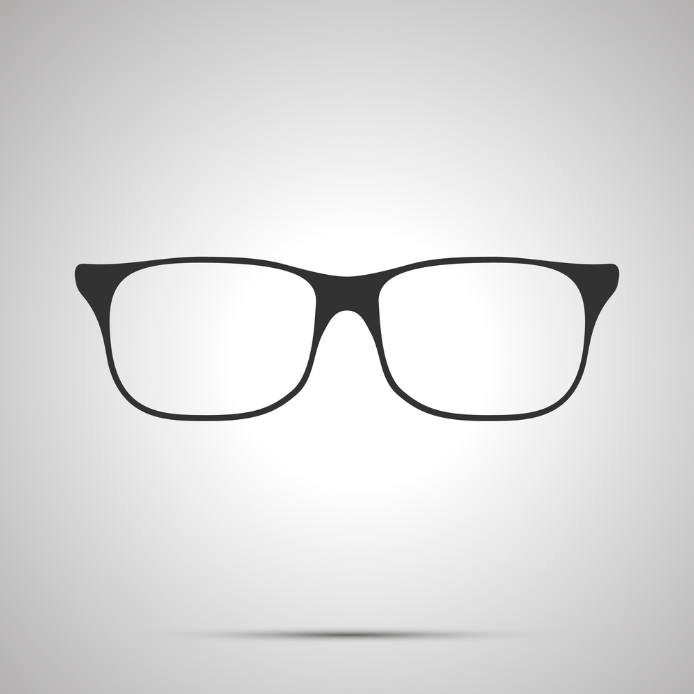 Rim glasses icon, simple black silhouette on gray. Rim glasses icon, simple black silhouette