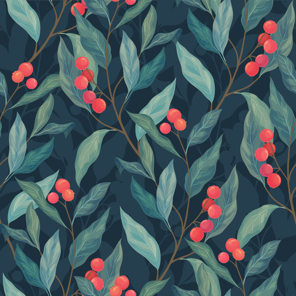 Leaves and red berryes seamless pattern on a dark background. Botanical foliage vector wrapping paper. Nature textile ornament for fashion, wrapping paper, card, banner
