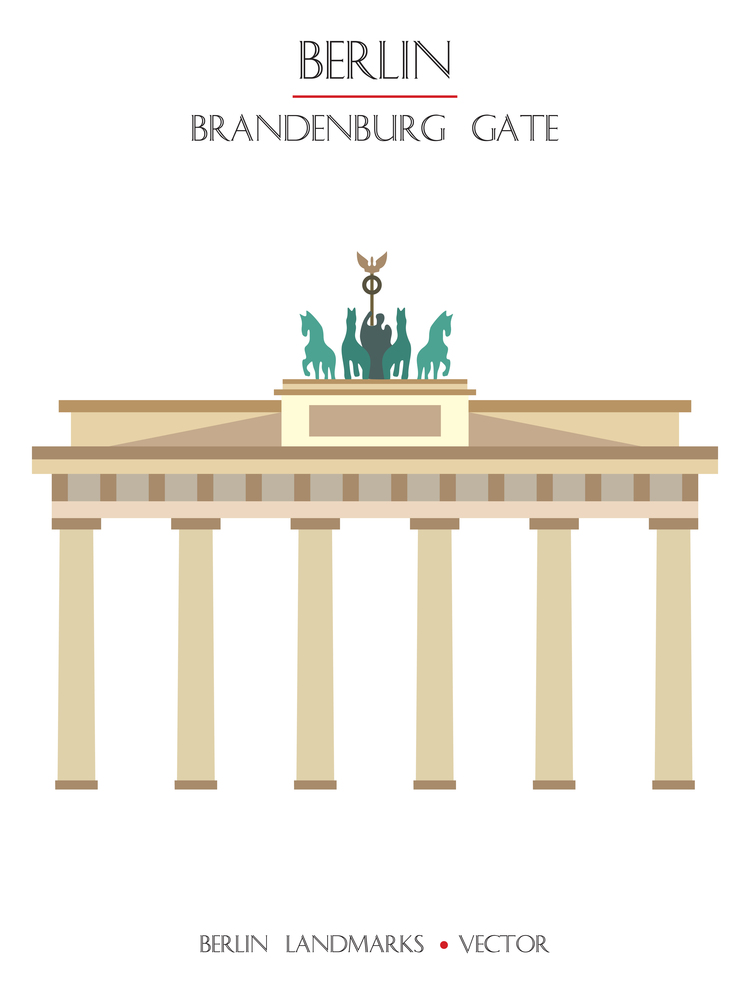 Colorful vector Brandenburg Gate front view, famous landmark of Berlin, Germany. Vector flat illustration isolated on white background. Berlin travel concept. Stock illustration