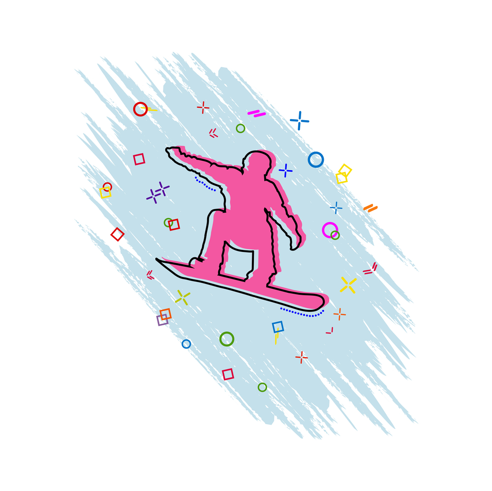 icon is a snowboarder. Comic book style icon with splash effect. flat style. Isolated on white background.