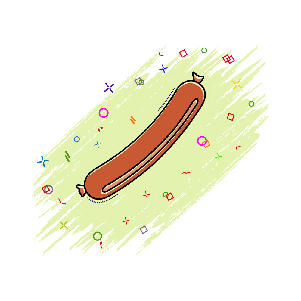 icon is a sausage. Comic book style icon with splash effect. flat style. Isolated on white background.