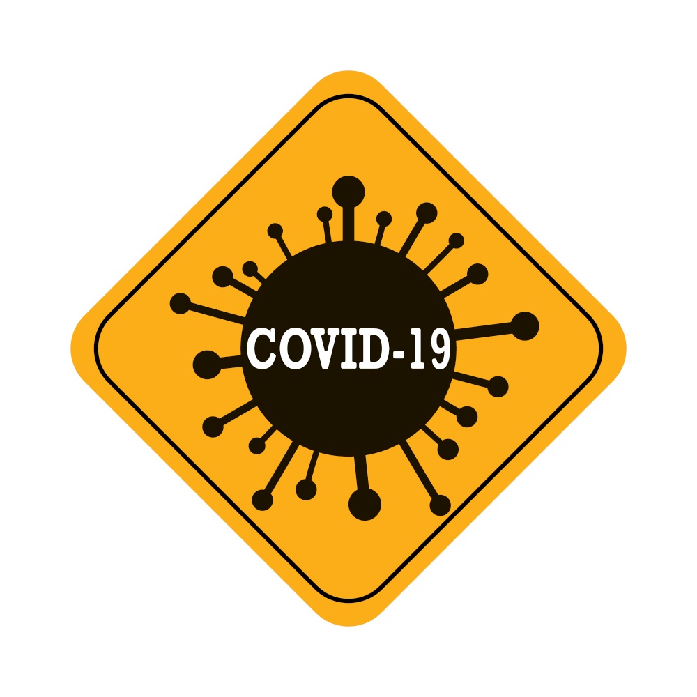 Yellow sign with COVID-19 icon and inscription, vector illustration isolated on a white background