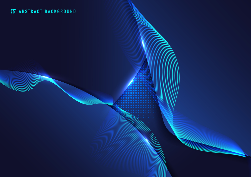 Abstract blue geometric with wavy line and lighting effect on dark background. Technology concept. Vector illustration