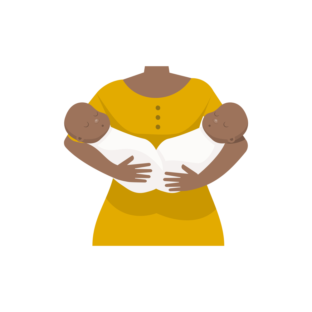 Afro american mother with twins babies. Flat vector illustration