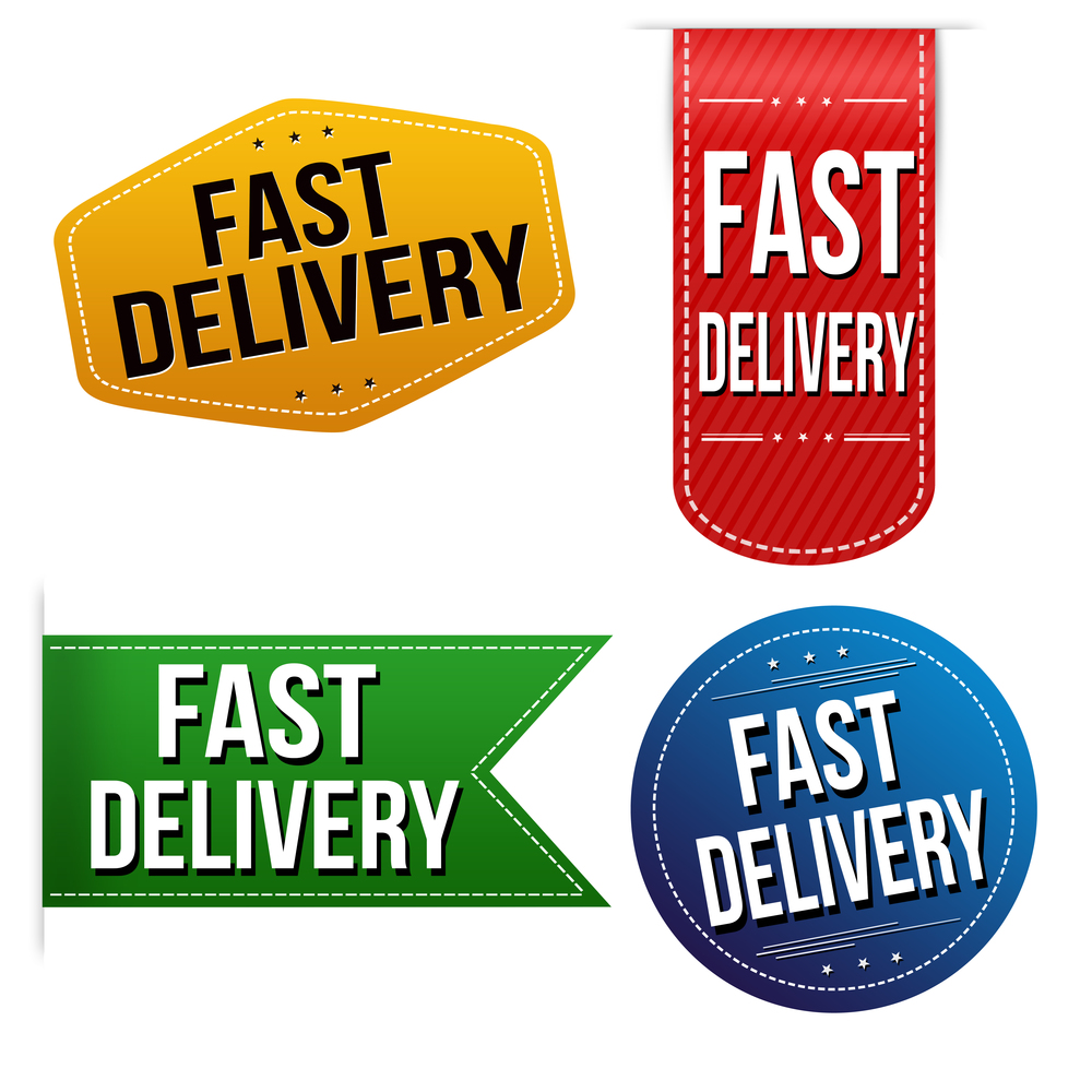 Fast delivery sticker or label set on white background, vector illustration