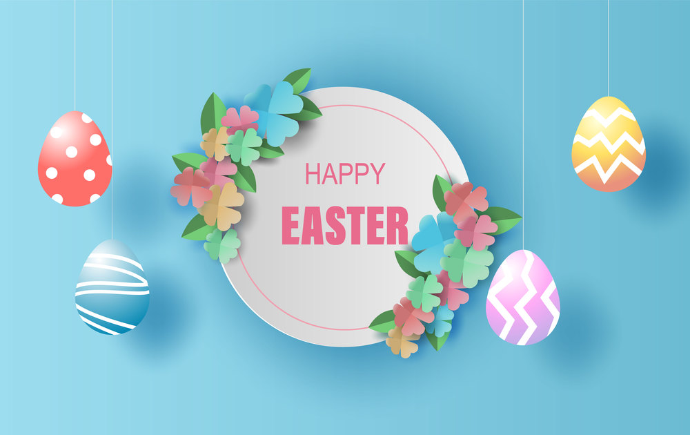 Easter day background.Creative paper art and craft style.Frame circle for your text banner and poster.Origami paper concept card.Plant flower colorful pastel color.vector illustration.Spring season