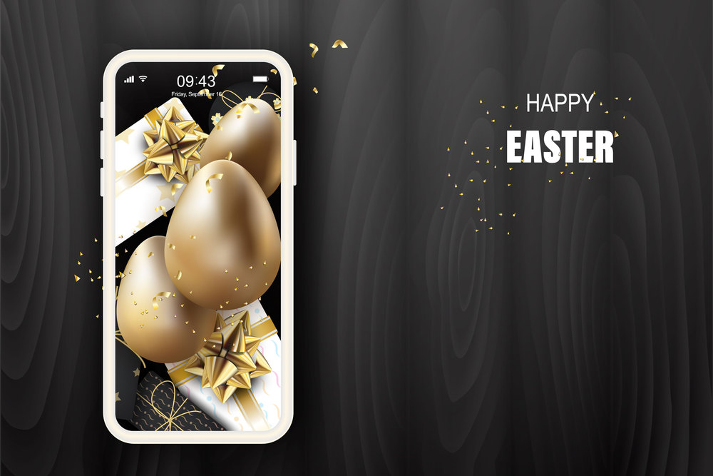 Happy Easter lettering background.Eggs and gift realistic golden shine decorated sale banner,Creative graphic.Vector illustration.Promotion for poster.Decorative smartphone shopping online concept