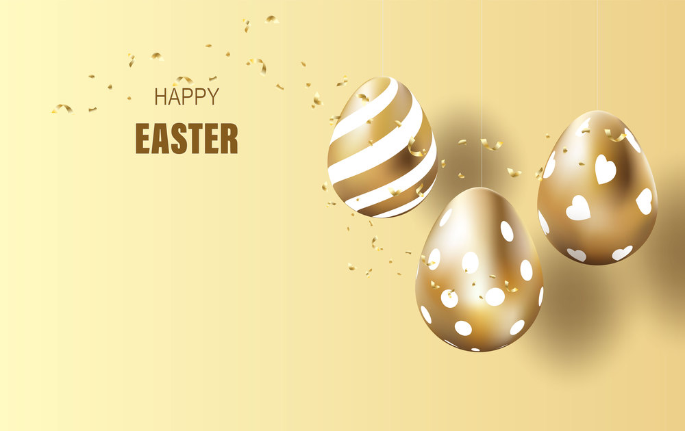 Happy Easter lettering background.Eggs realistic golden shine decorated sale banner,Creative graphic brochure.Vector illustration greeting card.Promotion for poster. web-banner element wallpaper EPS10