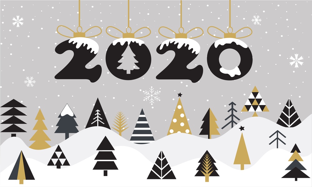 Cartoon happy new year, 2020 greeting card. Winter christmas holiday background