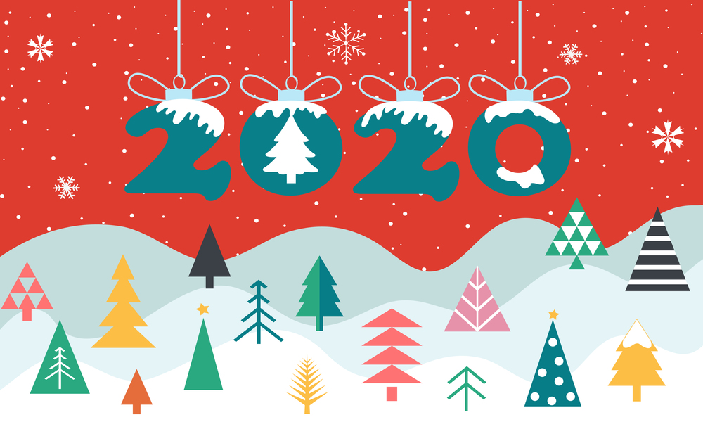 Cartoon happy new year, 2020 greeting card. Winter christmas holiday background