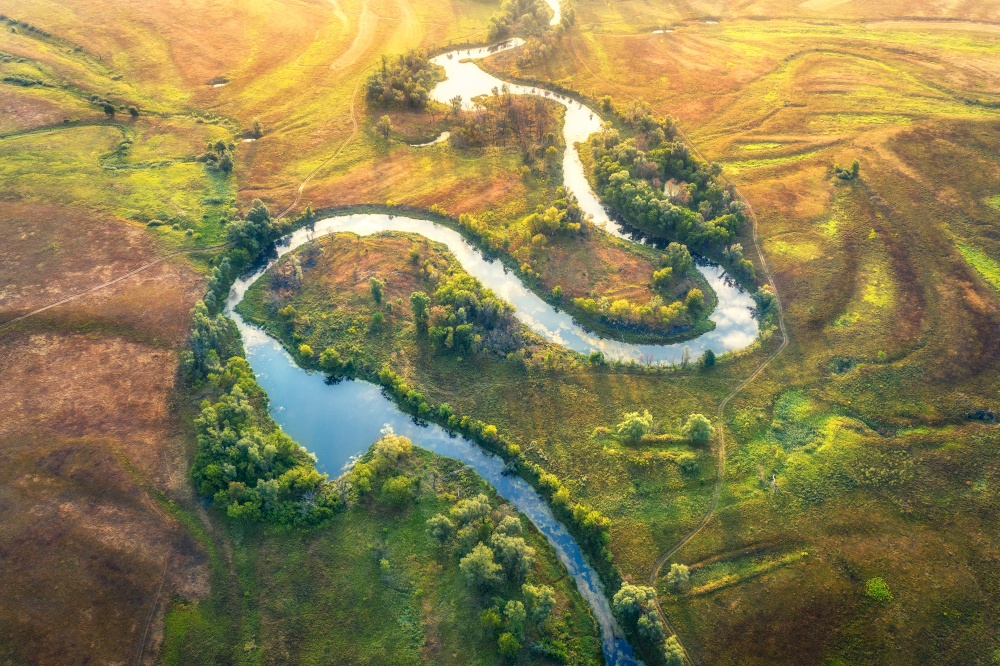 Aerial view of beautiful curving river at sunrise in summer. View from air. Turns of river, green meadows with grass and trees at dawn. Colorful aerial landscape of river coast at sunset. Top view. Aerial view of beautiful curving river at sunrise in summer