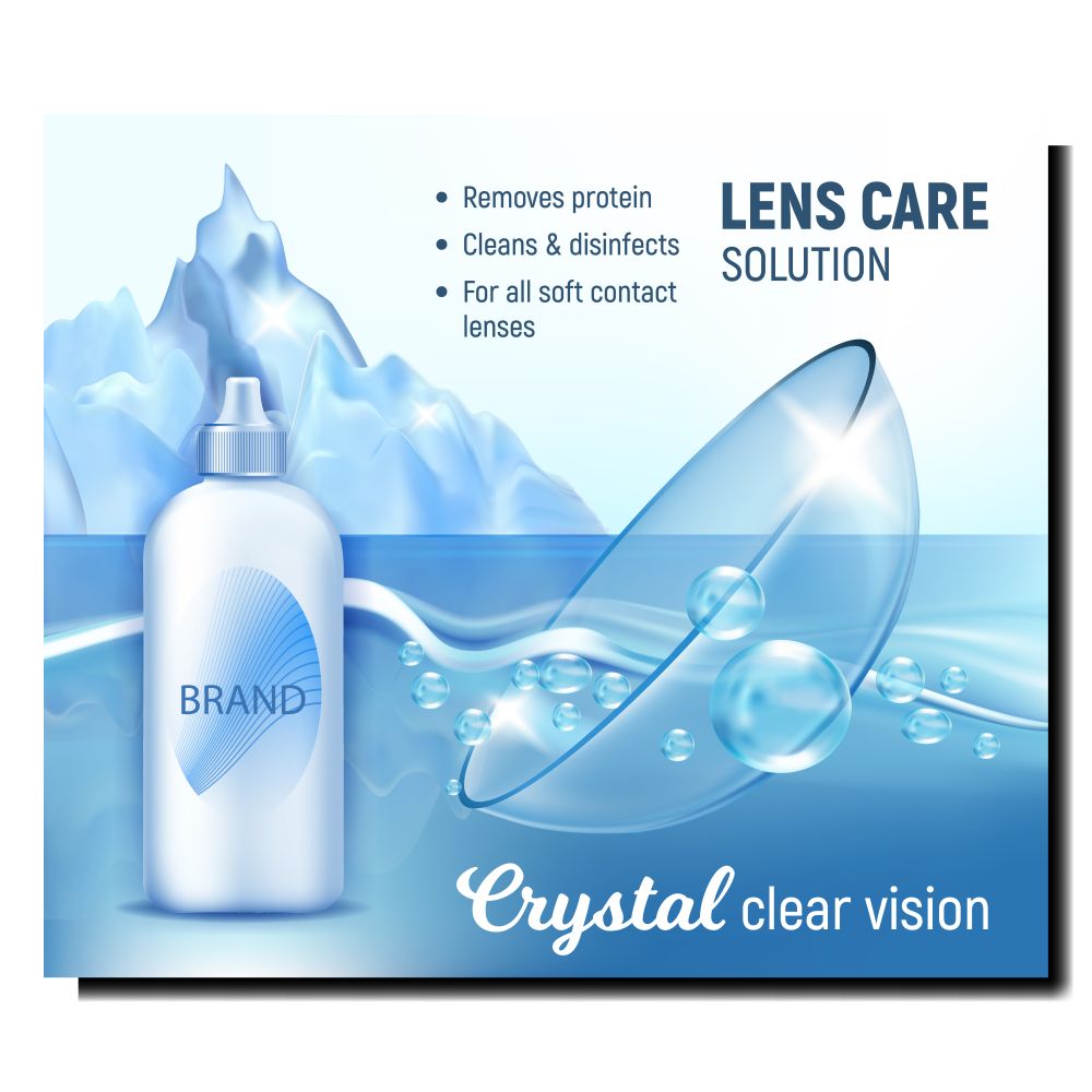 Crystal Clear Vision Advertising Banner Vector. Contact Lens In Crystal Water With Bubble, Blank Liquid Bottle And Iceberg On Background. Eyesight Care Equipment Template Realistic 3d Illustration. Crystal Clear Vision Advertising Banner Vector