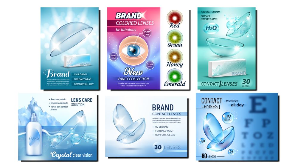 Contact Lenses Advertising Banners Set Vector. Collection Creative Advertise Posters With Lenses Medical Device For Correct Vision, Boxes And Bottles. Concept Template Realistic 3d Illustrations. Contact Lenses Advertising Banners Set Vector