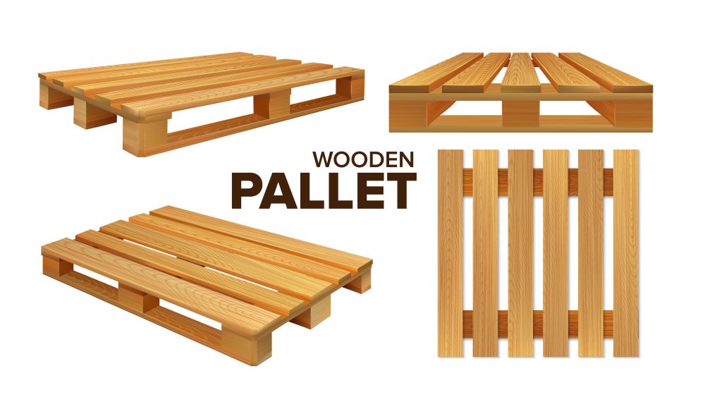 Wooden Pallet Different Size Collection Set Vector. Pallet Skid Flat Transport Structure For Transportation, Storaging And Protecting Delivery Goods. Concept Layout Realistic 3d Illustrations. Wooden Pallet Different Size Collection Set Vector