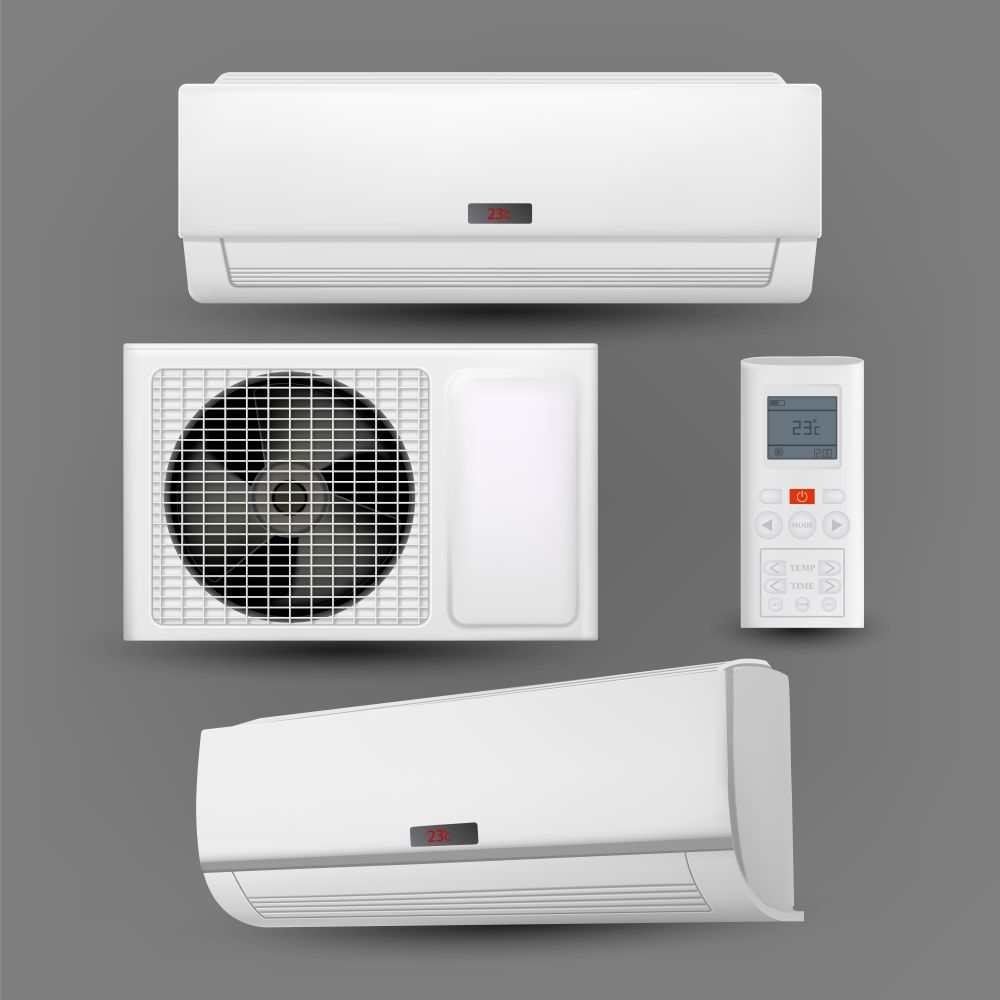 Air Conditioner System With Control Set Vector. External And Room Block Of Conditioner And Remote Controlling Tool With Screen And Buttons. Office Climate Equipment Template Realistic 3d Illustrations. Air Conditioner System With Control Set Vector