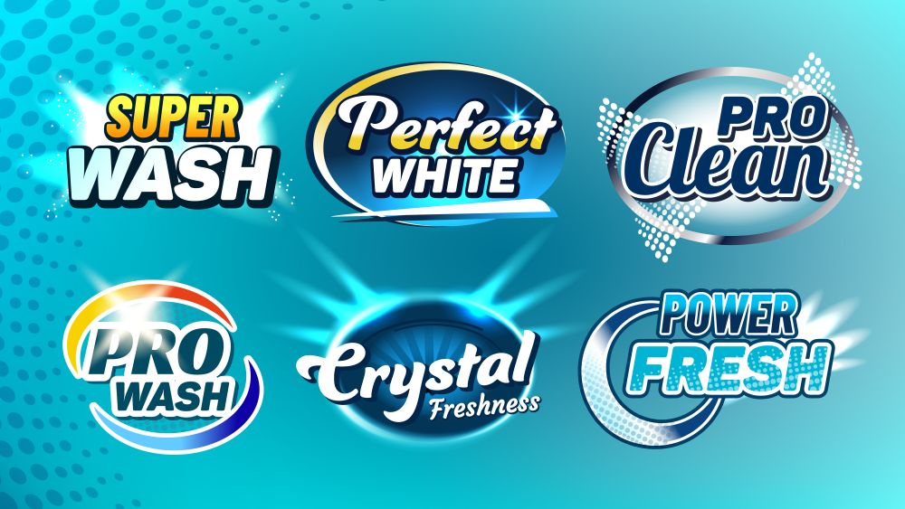 Washing Cleaner Creative Company Logo Set Vector. Super Wash And Perfect White, Pro Clean, Crystal Freshness And Power Fresh Collection Different Logo. Logotypes Concept Template Illustrations. Washing Cleaner Creative Company Logo Set Vector