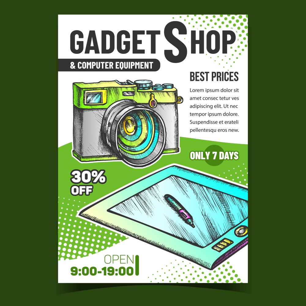 Gadget Shop Creative Advertising Poster Vector. Tablet With Stylus And Photo Camera Digital. Computer Equipment And Device Concept Template Hand Drawn In Vintage Style Illustration. Gadget Shop Creative Advertising Poster Vector