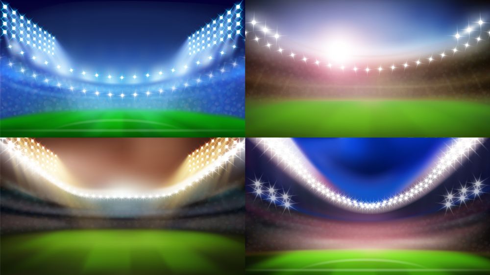 Sport Stadium With Lighting Lamps Set Vector. Collection Of Different Modern Stadium With Green Grass, Seats And Glowing Lights. Sportive Field For Play Game Template Realistic 3d Illustrations. Sport Stadium With Lighting Lamps Set Vector