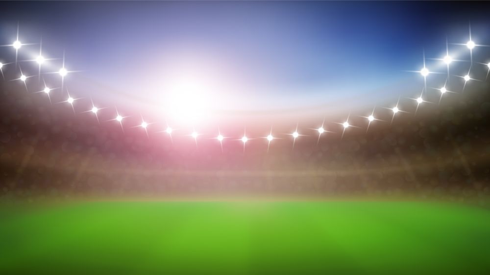 Baseball Stadium With Glow Lamps In Night Vector. Blurred Modern Stadium With Green Grass And Illuminate Lights. Sportive Field Construction For Championship Event Layout Realistic 3d Illustration. Baseball Stadium With Glow Lamps In Night Vector